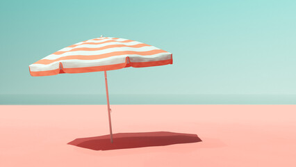 Sunny Beach with Pastel Pink Sand Turquoise Blue Ocean Sea Sky and Parasol with Shade Serene Tranquillity 3d illustration render