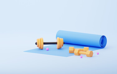 Exercise for gymnastics. A sports fitness mat with dumbbells and a barbell. Modern blue design. In blue pink and yellow colors. 3d rendering illustration