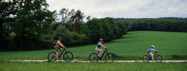 Young family with little child riding bicycles on path in park in summer. - Powered by Adobe