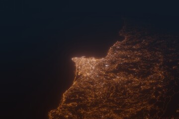 Fototapeta na wymiar Aerial shot of Beirut (Lebanon) at night, view from south. Imitation of satellite view on modern city with street lights and glow effect. 3d render