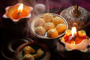 Close up view of several Thai traditional desserts served on porcelain