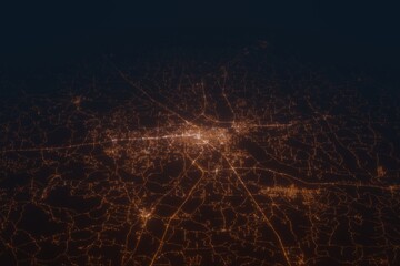 Aerial shot of Hattiesburg (Mississippi, USA) at night, view from south. Imitation of satellite view on modern city with street lights and glow effect. 3d render