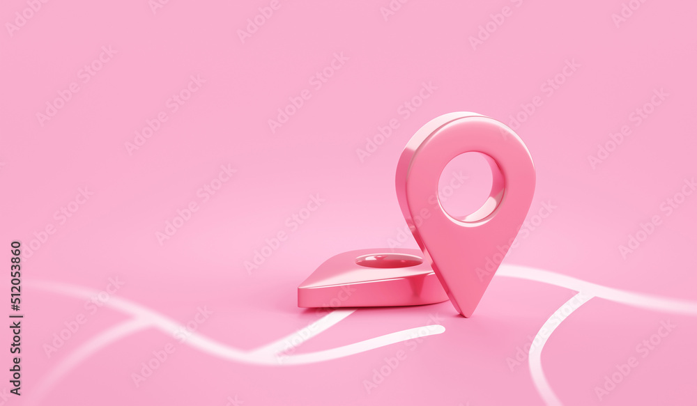 Poster pink location 3d icon on position place map navigation background with pastel direction pin point sy