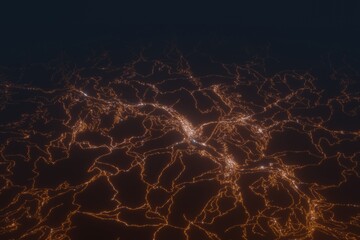 Aerial shot on Andorra La Vella at night, view from east. Imitation of satellite view on modern city with street lights and glow effect. 3d render