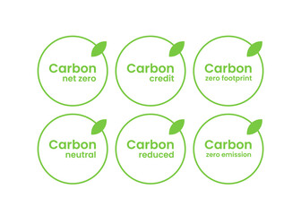 Carbon credit, carbon emission reduction, carbon neutral label sign icon set. Zero CO2 footprint offset. Stop global warming, reduce greenhouse gas effect ecology environment green eco friendly pack.