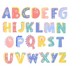 Alphabet decorated with dinosaur print, vector graphics on a white background. Perfect for your design of posters, postcards, childrens lettering, prints on mugs, t-shirts, bags, pillows.