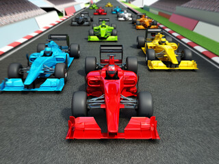 Fototapeta premium Brandless racing cars on the race track. 3D illustration