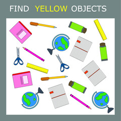 Find the  yellow stationery for school character among others. Looking for yellow. Logic game for children.
