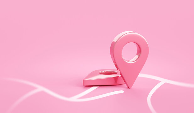 Pink location 3d icon on position place map navigation background with pastel direction pin point symbol or gps destination pointer marker route sign and discovery find road address delivery target.