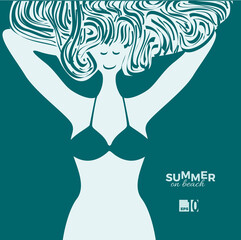 Beautiful young girl in swimsuit is sunbathing on the beach with hair scattered on the sand. Vector illustration in retro style.