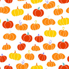 Cartoon Pumpkin seamless pattern. Different gourd on white background. Orange hand-drawn vegetable. Vector line illustration for package, wallpaper, autumn holidays, markets, Halloween, Thanksgiving