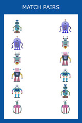 Fototapeta na wymiar Find a pair or match game with robots. Worksheet for preschool kids, kids activity sheet, printable worksheet 