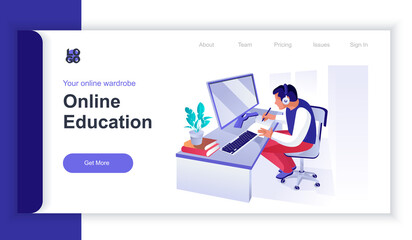 Online education concept 3d isometric web banner with people scene. Student listens to online lecture, studying remotely and e-learning. Vector illustration for landing page and web template design