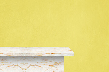 Naklejka na ściany i meble luxury of light marble table with bright yellow brick wall for interior or exterior and display show products, studio room