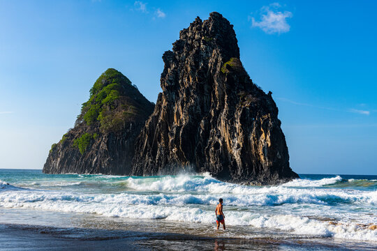 Two Brothers rocks on Cacimba do Padre beach, Fernando de Noronha, UNESCO World Heritage Site, Brazil