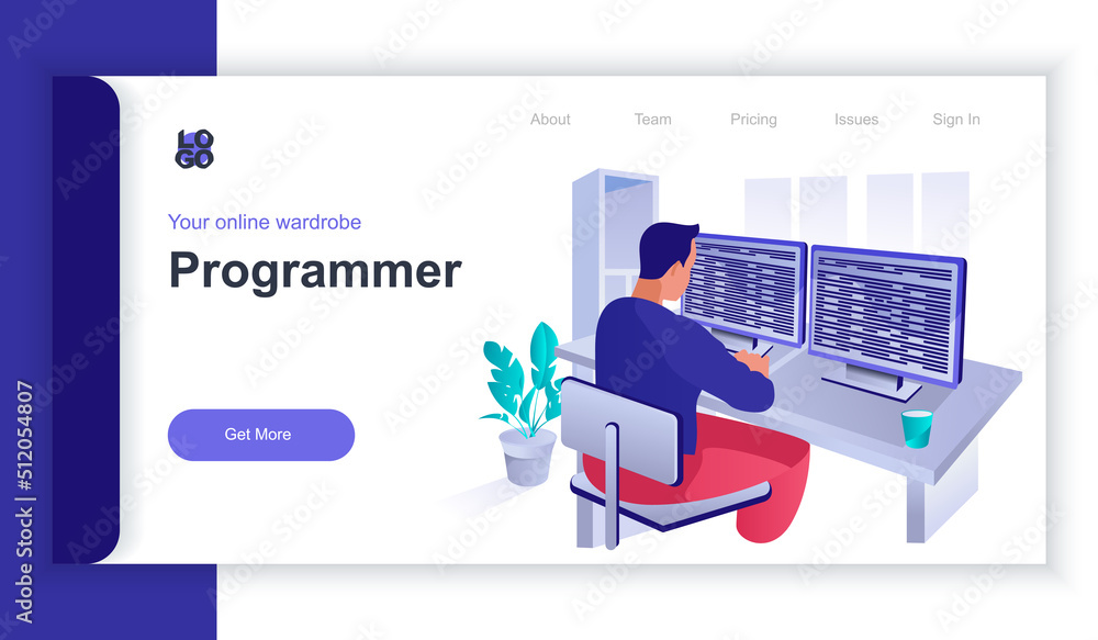 Leinwandbilder Programmer concept 3d isometric web banner with people scene. Man codes and programs working on computers, creates programs and software. Vector illustration for landing page and web template design