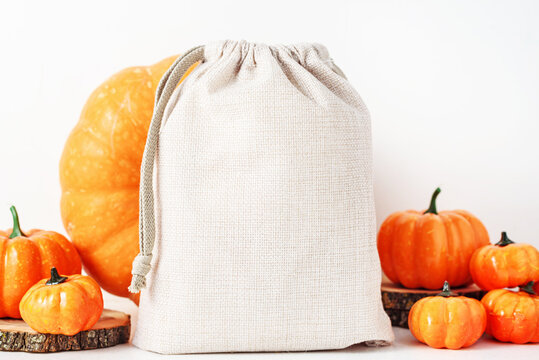 Empty jute beige gift bag and many pupkins, fall mockup