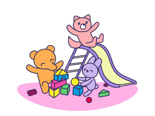 おもちゃで遊ぶくまとうさぎときつね