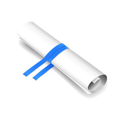 White roll paper with blue ribbon isolated on a white background