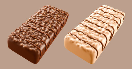 Chocolate Cereal Crispy with rice wafer bar. Isolated on background. 3d illustration.
