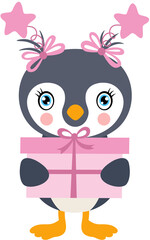 Cute baby girl penguin holding a gift box