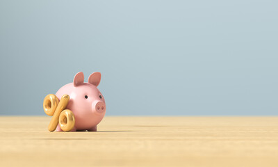 Pig piggy bank and golden percentage on a wooden surface. 3d render illustration.
