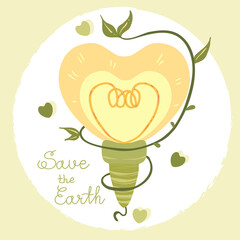 Save the earth. Vector illustration for postcards, stickers, posters. Light bulb, climbing plant. Alternative Energy Sources. Ecology.