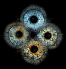 four eyes taken in macro mode, of different persons and same color and simulating collision