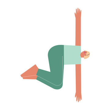 Vector isolated flat concept with female character. Sportive exercise - Belly Twist. Strong woman learns posture - Jathara Parivartanasana