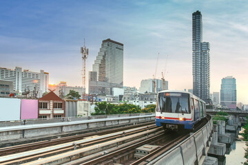 Sky Train is running in downtown of Bangkok. Sky train is fastest transport mode in Bangkok