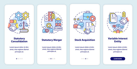 Naklejka premium Business consolidation strategies onboarding mobile app screen. Walkthrough 4 steps editable graphic instructions with linear concepts. UI, UX, GUI template. Myriad Pro-Bold, Regular fonts used