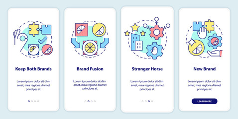 Naklejka na ściany i meble Brand consolidation strategies onboarding mobile app screen. Mergering walkthrough 4 steps editable graphic instructions with linear concepts. UI, UX, GUI template. Myriad Pro-Bold, Regular fonts used
