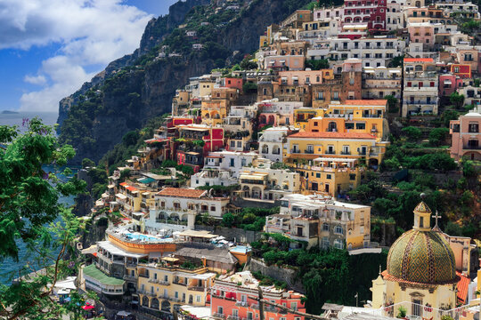 Positano town hill view with low rise colorful buildings above the sea line, Positano, Amalfi Coast, UNESCO World Heritage Site, Campania, Italy