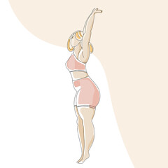 The girl is stretching. A woman in a pink sportswear is doing aerobics or yoga. Fitness training at home. Vector illustration in flat style.