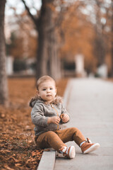 Cute baby girl wear jacket with hood and pants sit in autumn park over fallen leaves and nature outdoors. Fall season. Childhood.