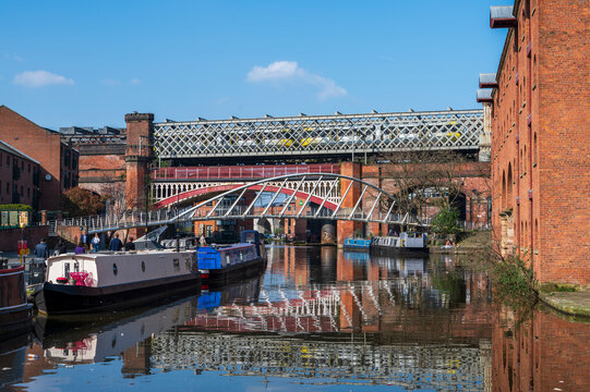 Barges moored at Castlefield Basin, Manchester, England
