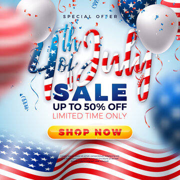 Fourth of July Independence Day Sale Banner Design with American Flag Pattern 3d Lettering and Party Balloon on Light Background. USA National Holiday Vector Illustration with Special Offer Typography