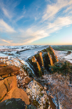 Snow capped scene at Hen Cloud, The Roaches, Peak District, Staffordshire, England