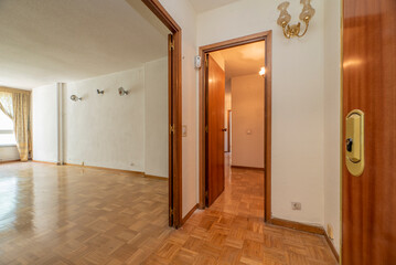 Hall of an empty apartment with plain white painted walls, oak parquet floor and mahogany carpentry