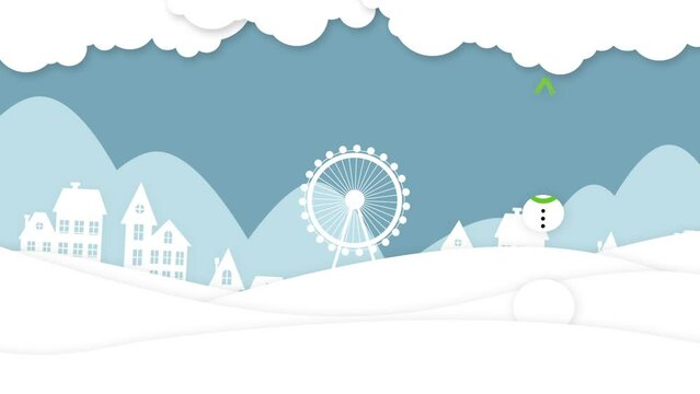 Joyeux Noël : carte de vœux animée pour Noël avec texte écrit en français. Le Père Noël et son traineau, distribution de cadeaux dans un paysage hivernal. Animation amusante et décor effet papier.