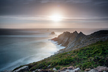 Sunset long exposure at Pointe du Raz promontory, Finistere, Brittany