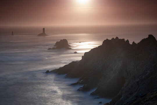 Sunset long exposure at Pointe du Raz promontory, Finistere, Brittany