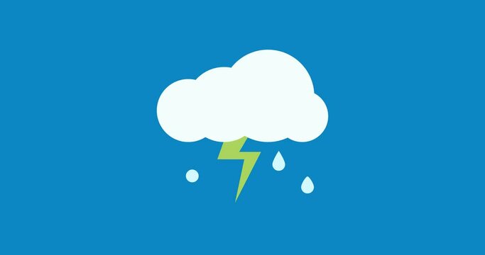 Nuage avec &eacute;clair et pluie. Ciel orageux. Vecteur simple anim&eacute; sur fond bleu. Bulletin m&eacute;t&eacute;o en vid&eacute;o