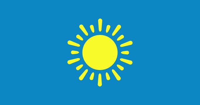 Soleil et ciel bleu. Rayons de soleil qui tournent. Icone simple anim&eacute;e sur fond bleu. Bulletin m&eacute;t&eacute;o en vid&eacute;o