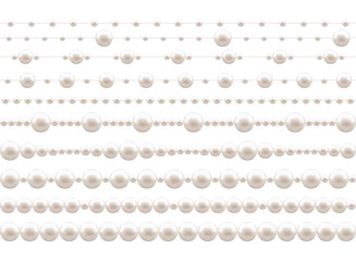 Seamless Pearl Horizontal Border. Set. Color Realistic style. Isolated of Round Decoration Beads and Necklace. White background. Vector illustration for Romantic Wedding Bride and Holiday Design.