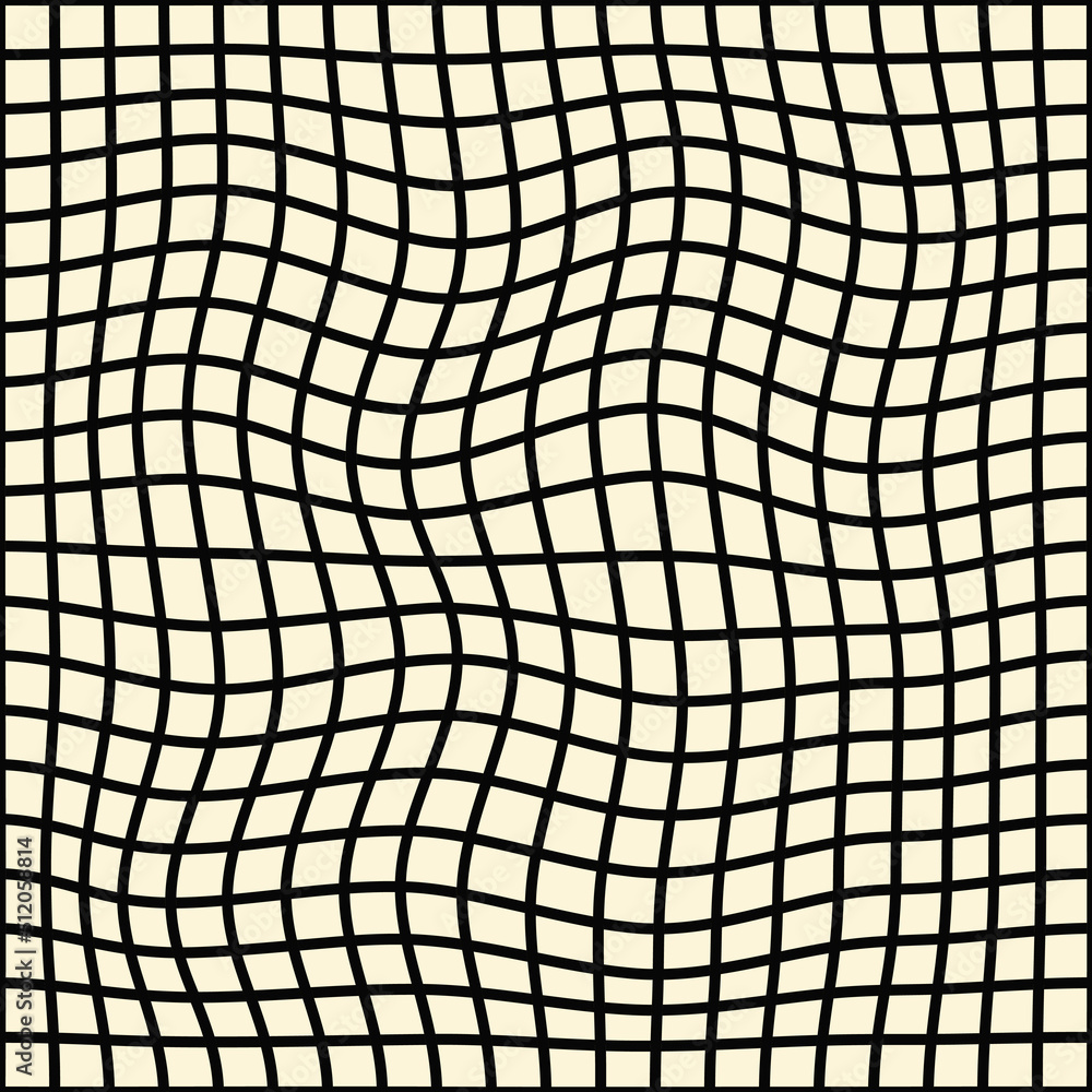 Poster Minimal abstract wavy linear seamless pattern. Black distorted checkered on a beige background. Geometric vector print