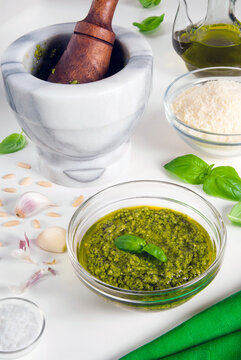 Genoese pesto sauce, garlic, basil, olive oil, cheese, salt, pestle and mortar, Genoa, Italy