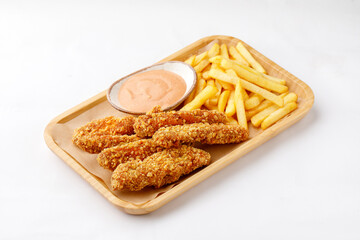 Fototapeta na wymiar Nuggets with french fries and sauce on a white background
