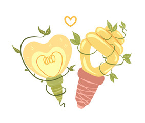 Ecology. Vector illustration for postcards, stickers, posters. Energy saving light bulbs, climbing plant. Alternative Energy Sources