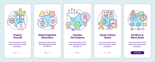 Adaptability tips onboarding mobile app screen. Embrace changes walkthrough 5 steps editable graphic instructions with linear concepts. UI, UX, GUI template. Myriad Pro-Bold, Regular fonts used